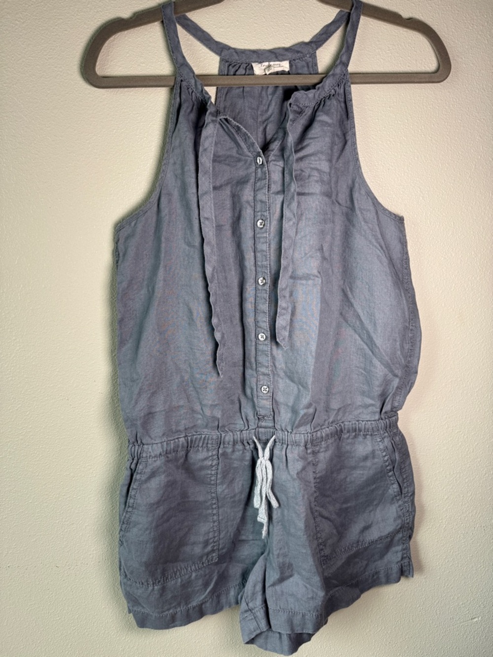Lou & Grey 100% Linen Blue Grey Romper Jumpsuit Pockets Small